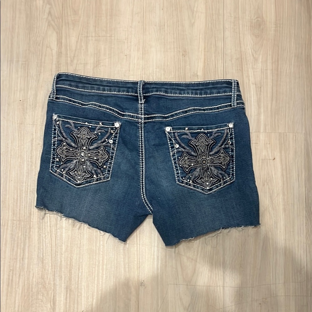 Embellished Denim Shorts with Cross Design
